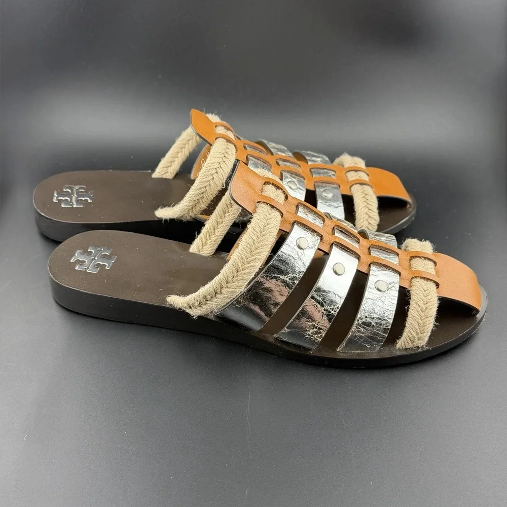 Tory Burch Fisherman Mule Sandal Brandy/Silver Leather Size 8 *See Closeup As-Is